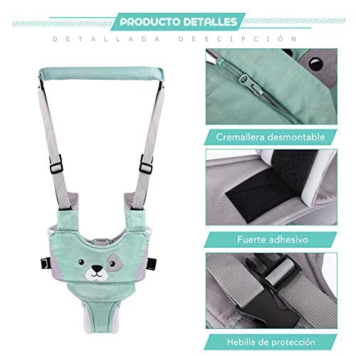 Arnés de Seguridad Bebe,GVOO Arneses Tirantes,Andador Chaleco Ajustable para Aprender Andar Niños 4 en 1 funcional con dos Cadenas para Chupetes, Verde