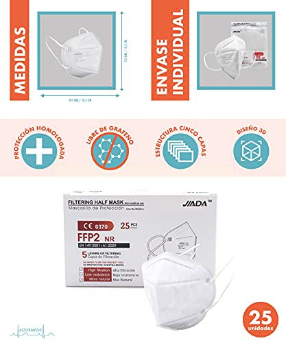 ASTORMEDIC Mascarillas FFP2 - Homologadas CE- para Adultos [25 unidades] Mascarilla de Protección con 5 capas. Alta eficiencia filtración bacteriana. Colores Blanco/Negro. Envase Individual (Blanco)