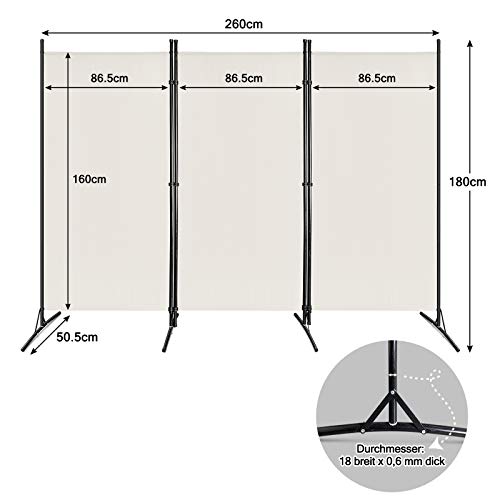 Aufun Biombo Divisor 260x180 cm, Separador de 3 Panel Ambientes Plegable, habitación de Pared de partición Ajustable, balcón - Beige