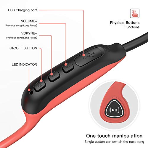 Auriculares De Conducción ósea, Bluetooth 5.0 Conducción ósea Inalámbrica para Correr, Andar En Bicicleta, Correr-Rojo