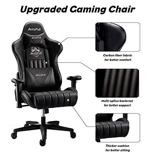 AutoFull Silla Gaming Ergonómica Silla de Oficina Silla Gamer Cuero de PU Silla de Escritorio,Altura e inclinación Ajustables,Reposacabezas y Soporte Lumbar,Negro (garantía de Tres años)