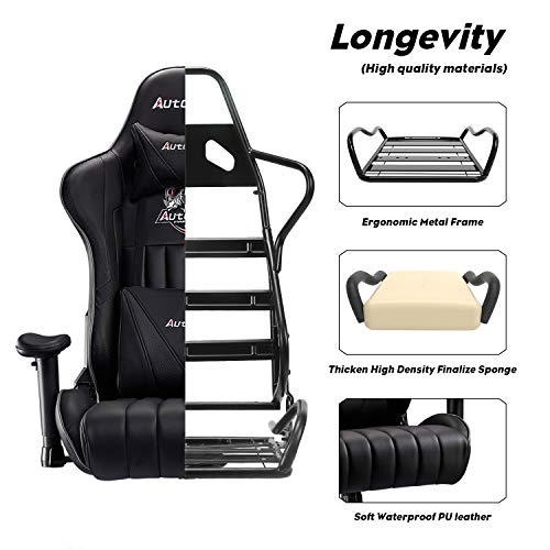 AutoFull Silla Gaming Ergonómica Silla de Oficina Silla Gamer Cuero de PU Silla de Escritorio,Altura e inclinación Ajustables,Reposacabezas y Soporte Lumbar,Negro (garantía de Tres años)