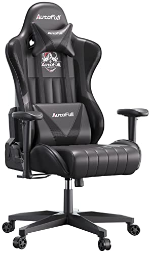 AutoFull Silla Gaming Ergonómica Silla de Oficina Silla Gamer Cuero de PU Silla de Escritorio,Altura e inclinación Ajustables,Reposacabezas y Soporte Lumbar,Negro (garantía de Tres años)