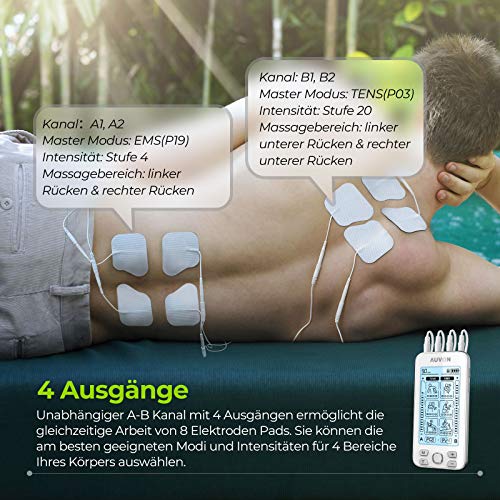 AUVON Electroestimulador TENS de 4 salidas, TENS EMS para terapia de alivio del dolor con masajeador de pulso eléctrico de 24 modos, 10 piezas de electrodos premium de 2"x 2" con diseño patentado