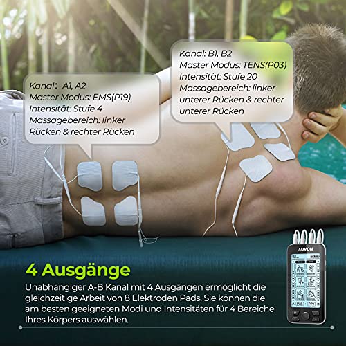 AUVON Electroestimulador TENS de 4 salidas, TENS EMS para terapia de alivio del dolor con masajeador de pulso eléctrico de 24 modos, 10 piezas electrodos premium de 2"x2" con diseño patentado（negro）