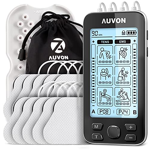 AUVON Electroestimulador TENS de 4 salidas, TENS EMS para terapia de alivio del dolor con masajeador de pulso eléctrico de 24 modos, 10 piezas electrodos premium de 2"x2" con diseño patentado（negro）