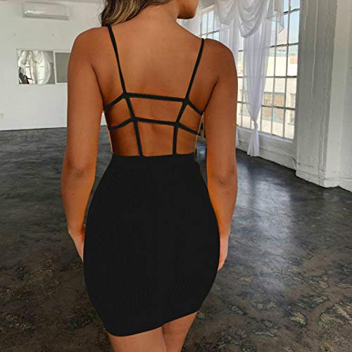 Backless Hollow out Party Vestido de Mujer Sexy Correa Elegante Vendaje Sling Mini Vestidos Verano Mujer, Negro, XL