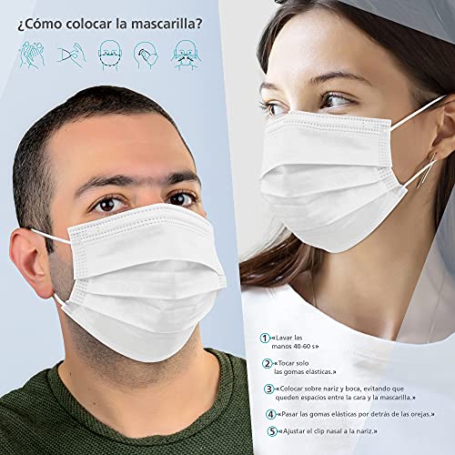 BAENA 50 Mascarillas Quirúrgicas, higiénicas, desechables, Tipo IIR, en color blanco, filtración (BFE) 98%, hechas en España