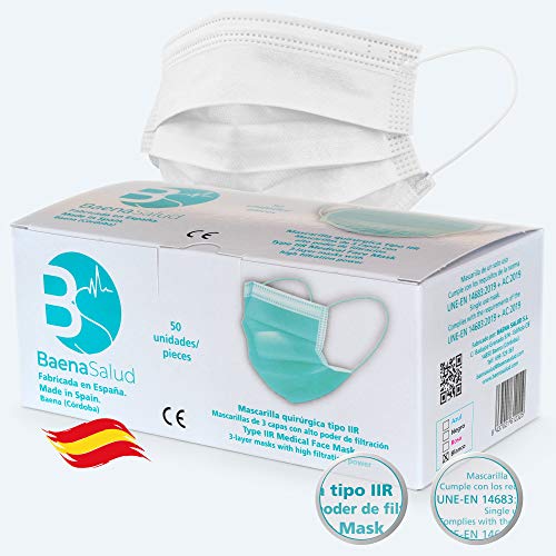 BAENA 50 Mascarillas Quirúrgicas, higiénicas, desechables, Tipo IIR, en color blanco, filtración (BFE) 98%, hechas en España