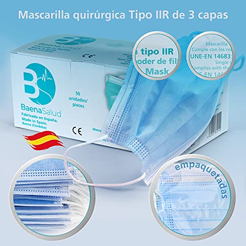 BAENA 50 Mascarillas Quirúrgicas, higiénicas, desechables, Tipo IIR, en color blanco, filtración (BFE) 98%, hechas en España