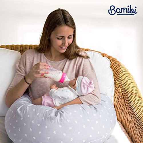 Bamibi® Almohada Embarazada y Cojín Interno Multifuncional, Cojín Lactancia Bebé. Fundas de Algodón, Relleno de Poliéster. Protector Cuna, Lavable (Corazones)