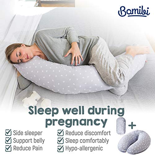 Bamibi® Almohada Embarazada y Cojín Interno Multifuncional, Cojín Lactancia Bebé. Fundas de Algodón, Relleno de Poliéster. Protector Cuna, Lavable (Corazones)