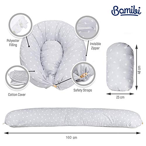 Bamibi® Almohada Embarazada y Cojín Interno Multifuncional, Cojín Lactancia Bebé. Fundas de Algodón, Relleno de Poliéster. Protector Cuna, Lavable (Corazones)