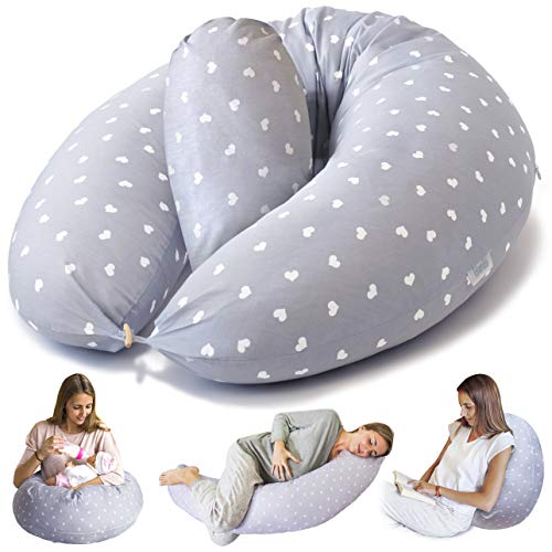 Bamibi® Almohada Embarazada y Cojín Interno Multifuncional, Cojín Lactancia Bebé. Fundas de Algodón, Relleno de Poliéster. Protector Cuna, Lavable (Corazones)