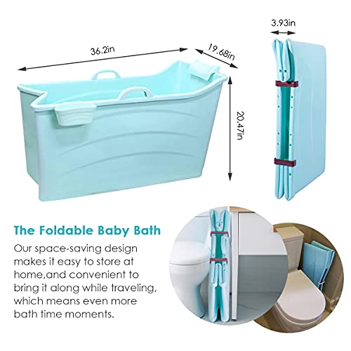 Bañera Plegable bebé, Bañera Adulto Portatil con Taburete Antideslizante de Baño y Cesta de Almacenamiento, Azul Bañera para Niños y Adulto Domésticos con Plástico Mantener Caliente,90x50x52cm