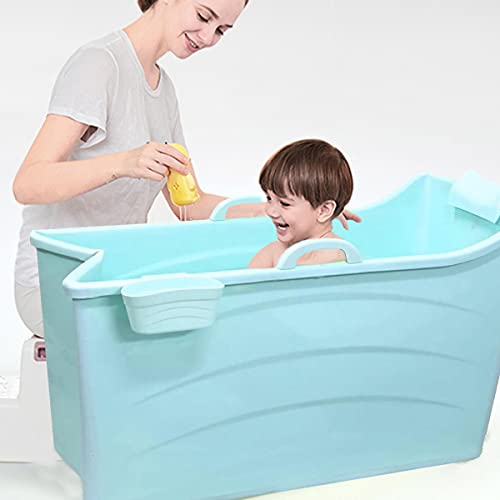 Bañera Plegable bebé, Bañera Adulto Portatil con Taburete Antideslizante de Baño y Cesta de Almacenamiento, Azul Bañera para Niños y Adulto Domésticos con Plástico Mantener Caliente,90x50x52cm