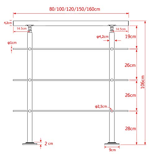 Barandilla acero inox 3 varillas 180cm Pasamanos escalera Parapeto