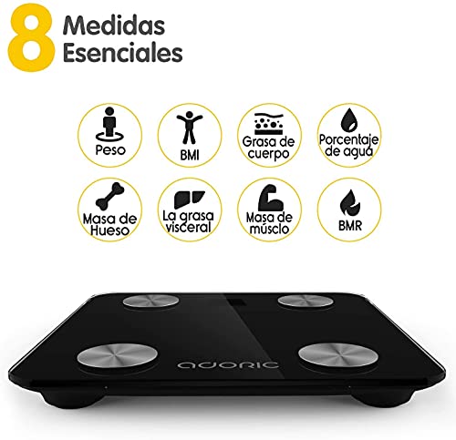 Báscula de Baño Báscula Inteligente Bluetooth Báscula Digital con IMC de Alta Precisión, Monitores de Peso Corporal Maximo 180kg para Andriod (4.0 y superior) y IOS(8.0 y superior) (Negro Brillante)