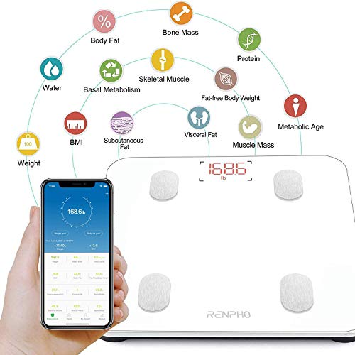 Bascula de Baño Digital Grasa Corporal, RENPHO Balanza Bluetooth Inteligente con App, Bascula Electrónica con Análisis Corporal, 13 Mediciónes de Peso IMC Visceral e Muscular, Blanco