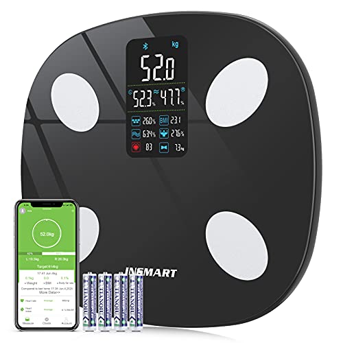 Báscula Grasa Corporal Báscula de Baño,Actualizado Básculas INSMART, Básculas inteligentes digitales Bluetooth con función de frecuencia cardíaca, equilibrio corporal para fitness (180 kg)(Negro)