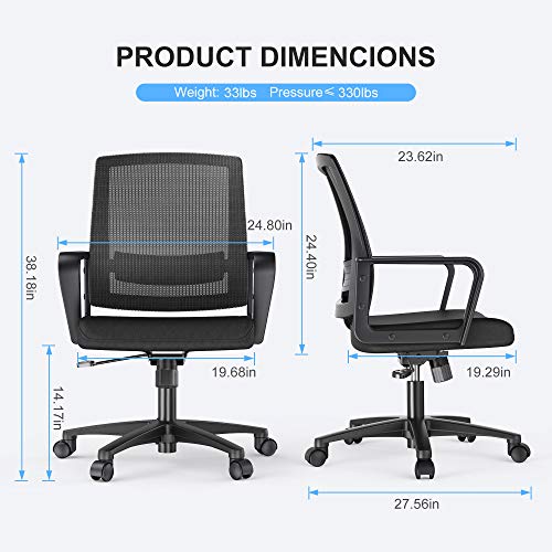 BASETBL Silla de Oficina, Silla Escritoria Ergonomica, Silla Giratoria de Malla con Regulable en Altura, Soporte Lumbar Ajustable, Silla para Casa o Oficina（Negro） Carga Máx 150 Kg