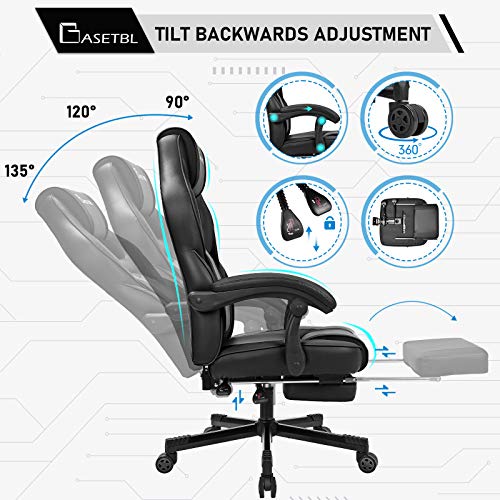 BASETBL Silla Gaming, Silla Gamer Ergonómica, Silla Game Racing para Computadora Regulable en Altura, Silla PC con Reposapiés, Silla de Oficina con Reposabrazos Articulado, Silla Cuero PU Inclinable