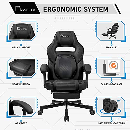 BASETBL Silla Gaming, Silla Gamer Ergonómica, Silla Game Racing para Computadora Regulable en Altura, Silla PC con Reposapiés, Silla de Oficina con Reposabrazos Articulado, Silla Cuero PU Inclinable