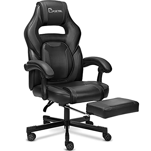 BASETBL Silla Gaming, Silla Gamer Ergonómica, Silla Game Racing para Computadora Regulable en Altura, Silla PC con Reposapiés, Silla de Oficina con Reposabrazos Articulado, Silla Cuero PU Inclinable