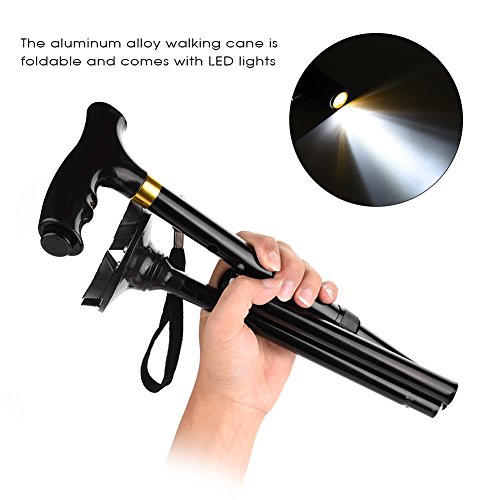 Bastón Plegable Ajustable, Palo que Sube del Bastón que Camina de La Aleación de Aluminio con La Luz Llevada, Para el Viejo Hombre y Mujeres (negro)