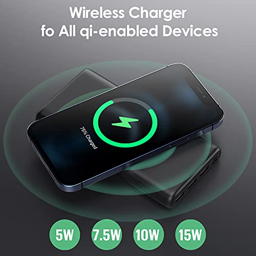 Batería Externa Inalámbrico 33800mAh, Pxwaxpy Power Bank con 【PD 25W QC 4.0 Carga Rápida + 15W Carga Inalambrica】 5 Salidas Tipo C Cargador Portátil para iPhone Samsung Android Móviles y más