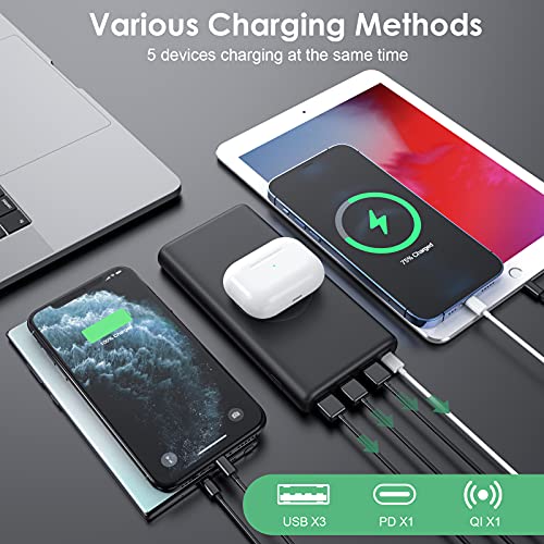 Batería Externa Inalámbrico 33800mAh, Pxwaxpy Power Bank con 【PD 25W QC 4.0 Carga Rápida + 15W Carga Inalambrica】 5 Salidas Tipo C Cargador Portátil para iPhone Samsung Android Móviles y más