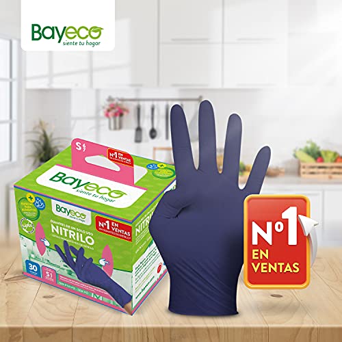 Bayeco - Guantes un solo uso - Nitrilo - Color Azul Oscuro - Ambidiestros - Dedos texturizados para mejor agarre - Aptos para alérgicos al látex - Pack dispensador de 30 unidades - Talla M