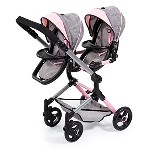 Bayer Design 26233AA Cochecito de muñeca gemelas, Carrito Paseo para muñecos, Ajustable en Altura, Plegable, con Bolsa de Bandolera, Compatible con Silla de Coche EasyGo, Gris, Rosa, Mariposa