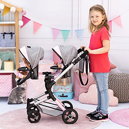 Bayer Design 26233AA Cochecito de muñeca gemelas, Carrito Paseo para muñecos, Ajustable en Altura, Plegable, con Bolsa de Bandolera, Compatible con Silla de Coche EasyGo, Gris, Rosa, Mariposa