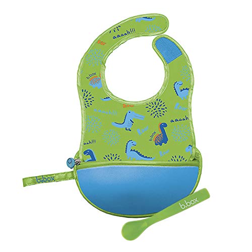 b.box Dino Time 1 - Babero de viaje con cuchara flexible plegable en su funda de transporte (30 cm), color verde