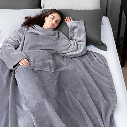 Bedsure Batamanta Mujer Polar Invierno - Bata Manta Hombre para Sofa, Manta con Mangas con Bolsillo Frontal, Hoodie Blanket de Tejido Felpa Suave y Acogedor, Gris, 170x200cm