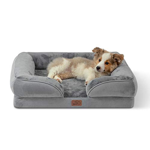 Bedsure Sofá Perro Ortopédica Mediano - Cama Perro Viscoelastica y Lavable, Colchon Perro con Funda Desenfundable y Forro Impermeable, Gris, M