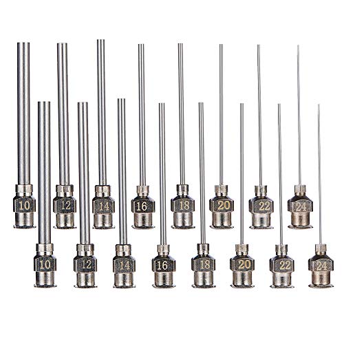 BENECREAT 16PCS Punta de Aguja de Dispensación de Acero Inoxidable Aguja de Jeringa Roma con Cerradura Luer para Rellenar Jeringas Pegamento, 10/12/14/16/18/20/22/24G