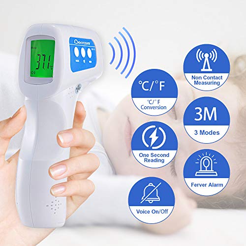 Berrcom termómetro de frente infrarrojo sin contacto, pantalla digital retroiluminada de tres colores Temperatura de lectura instantánea de bebés