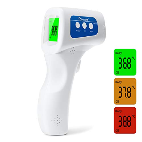 Berrcom termómetro de frente infrarrojo sin contacto, pantalla digital retroiluminada de tres colores Temperatura de lectura instantánea de bebés