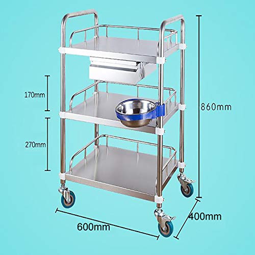 BETIME Carro Médico, Carro Dispensador de Medicamentos para Enfermeras, Carro de Laboratorio de Acero Inoxidable de 3 Capas con Carro Portátil con Cajón Superior