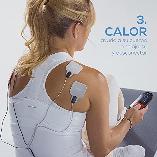 Beurer EM 59 Electroestimulador digital con función calor, tens, ems y masaje, 2 canales, función calor, 4 electrodos, con pads de gel, intensidad regulable, temporizador, color negro rojo