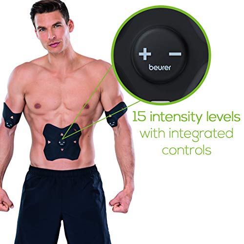 Beurer EM22 Electroestimulador Digital EMS para la Musculatura Abdominal, Brazos y Piernas (15 Niveles, Incluye Gel Autoadhesivo), Negro