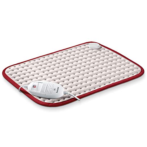 Beurer HK Comfort Almohadilla eléctrica térmica, transpirable, tacto suave, calentamiento ultrarápido, apagado automático 90 minutos, 3 potencias, display iluminado, 40x33 cm, blanca borde rojo