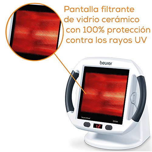 Beurer IL 50 Lámpara por infrarrojos compacta, 300 W, cristal cerámico, inclinación ajustable, con ventilador, alivio para dolores musculares, cervicales, color blanco, cristal 30 x 40 cm