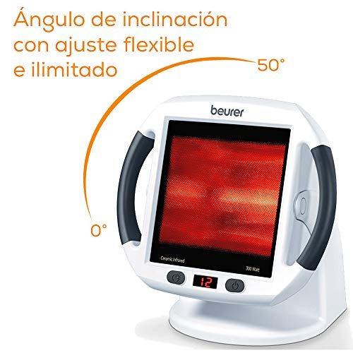 Beurer IL 50 Lámpara por infrarrojos compacta, 300 W, cristal cerámico, inclinación ajustable, con ventilador, alivio para dolores musculares, cervicales, color blanco, cristal 30 x 40 cm