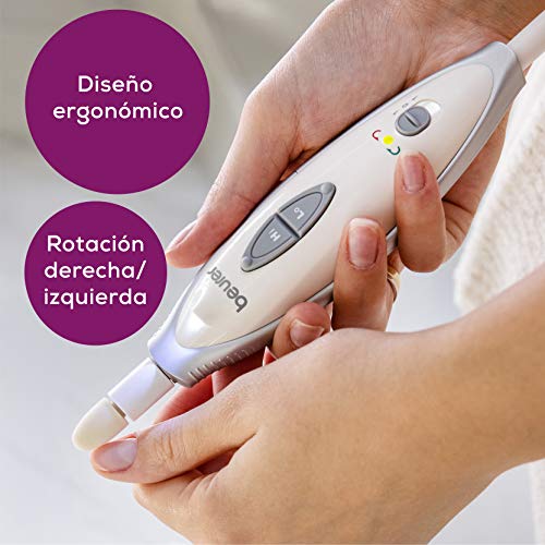 Beurer MP 41 Set de manicura y pedicura profesional, 7 accesorios incluidos, luz LED brillante, rotación derecha/izquierda, 2 velocidades, color blanco