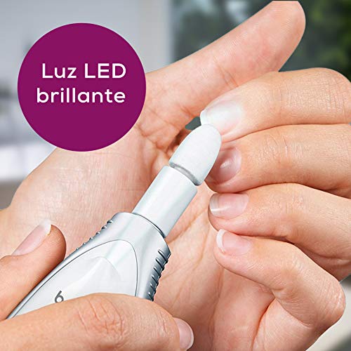 Beurer MP 41 Set de manicura y pedicura profesional, 7 accesorios incluidos, luz LED brillante, rotación derecha/izquierda, 2 velocidades, color blanco