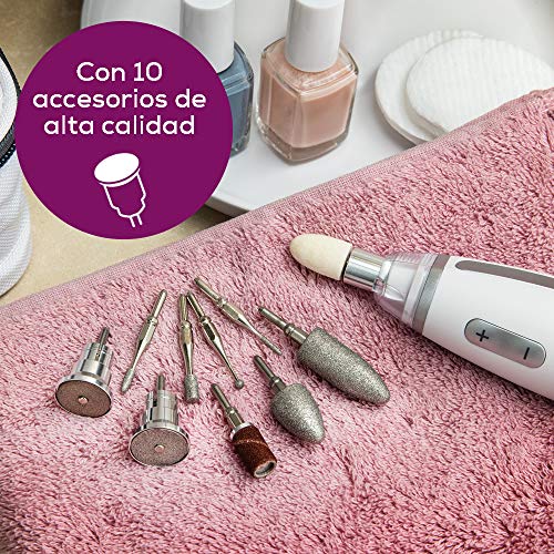 Beurer MP 62 Set de manicura/pedicura, lima de uñas eléctrica con 10 accesorios de alta calidad, luz LED, control de velocidad infinitamente variable, con bolsa de almacenamiento