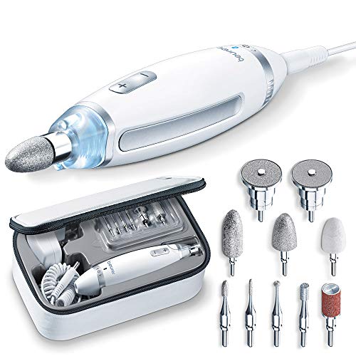 Beurer MP 62 Set de manicura/pedicura, lima de uñas eléctrica con 10 accesorios de alta calidad, luz LED, control de velocidad infinitamente variable, con bolsa de almacenamiento